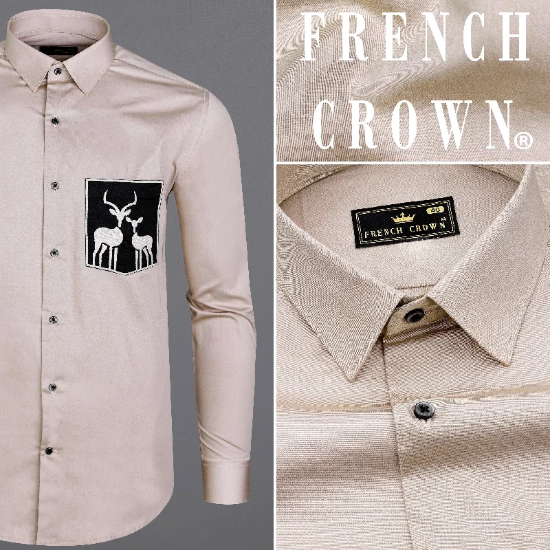Soft Amber Brown with Black Subtle Sheen Patch Pocket Deer Embroidered Super Soft Premium Cotton Shirt